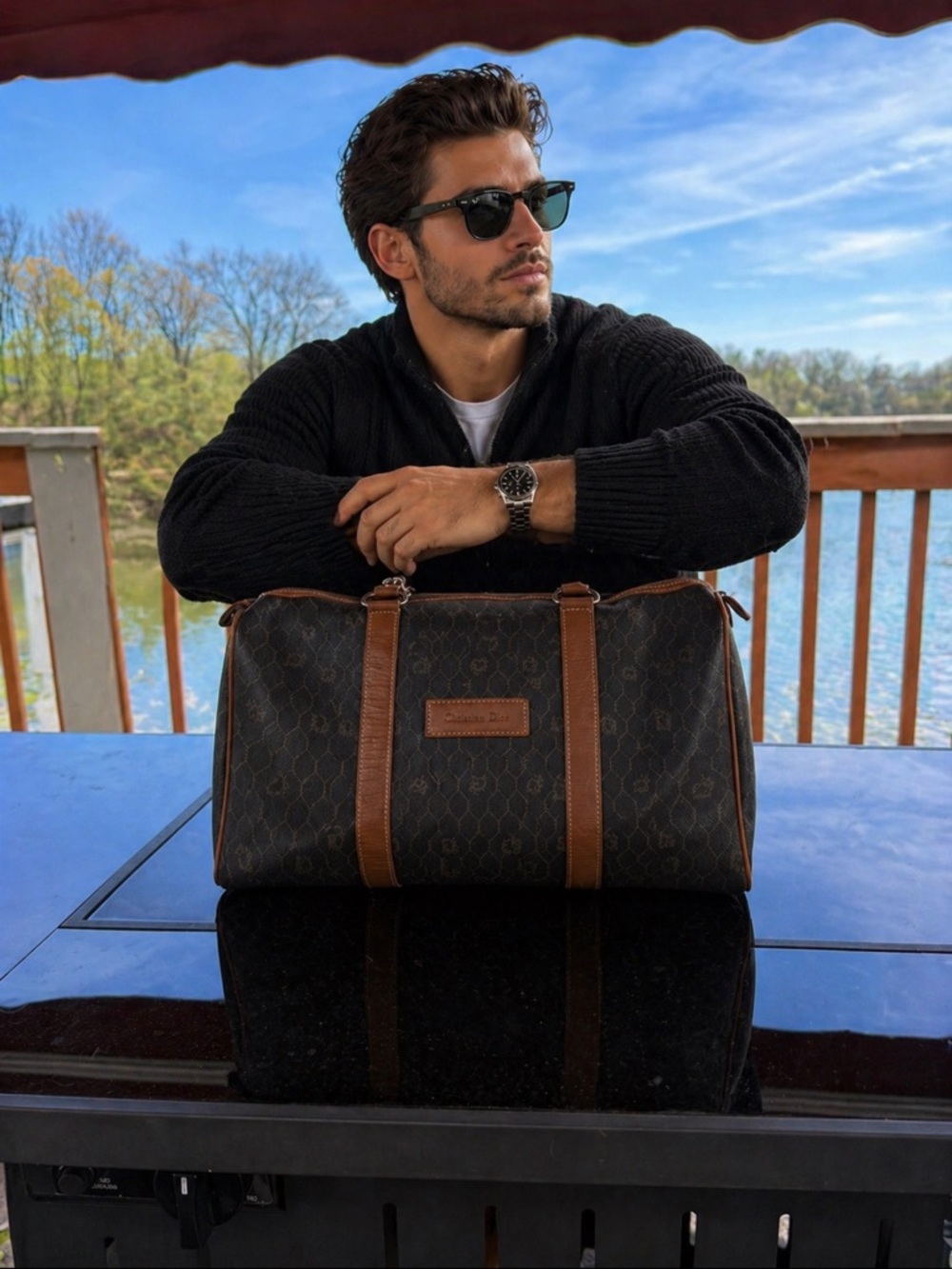 Dior Black Travel Duffel with Brown Straps